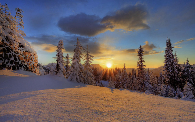 Sunset snowy mountain trees clouds #3 free wallpaper - medium preview image