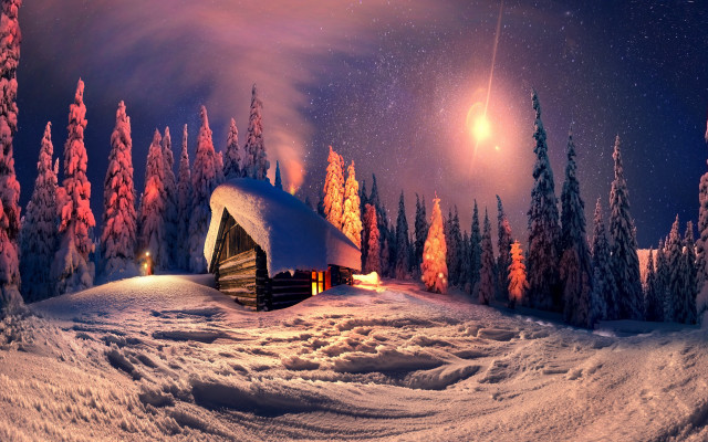 Cabin snowy forest night full free wallpaper - medium preview image