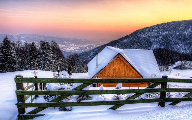 Snowy mountain cabin sunset forest #2 free wallpaper - medium preview image