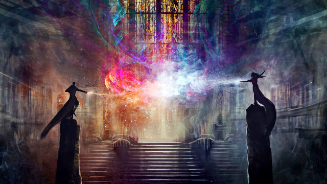 Stairway statues lightball staircase painting free wallpaper - medium preview image