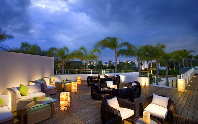 Deck chairs tables lights palm free wallpaper - medium preview image
