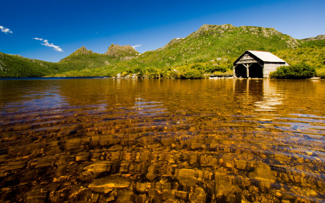 Small house lake mountains trees free wallpaper - medium preview image