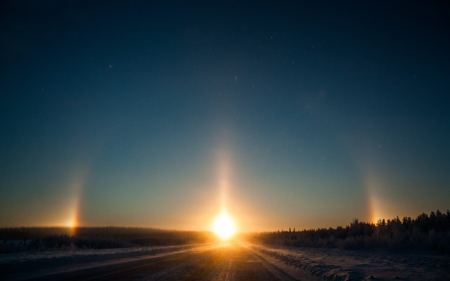 Sunlight snowy road trees lake free wallpaper - medium preview image