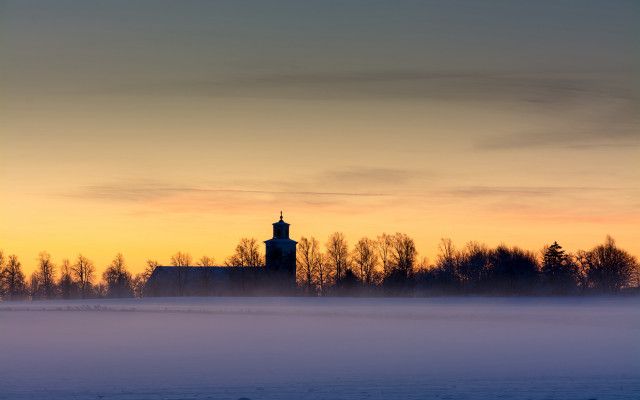 Church foggy field sunset trees free wallpaper - medium preview image
