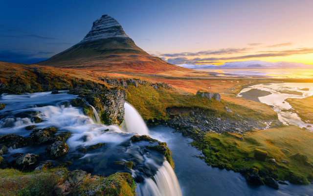 Waterfall river mountain sunset sky free wallpaper - medium preview image