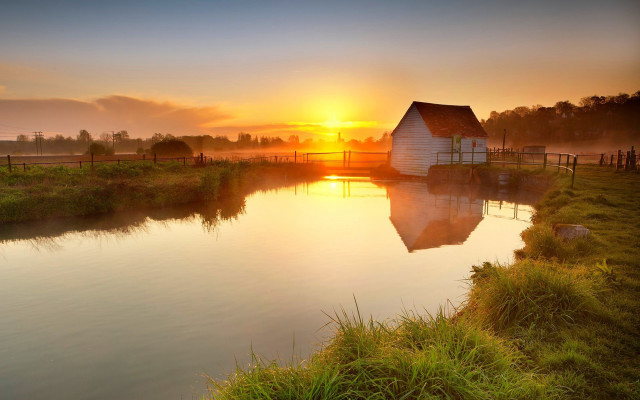Small house river bridge green free wallpaper - medium preview image