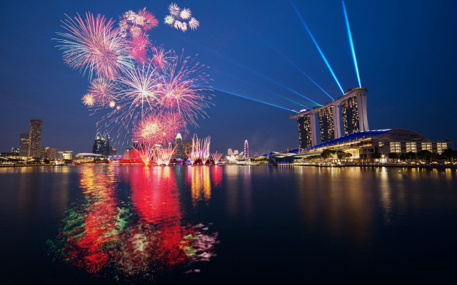 Fireworks city night reflection skyline free wallpaper - medium preview image