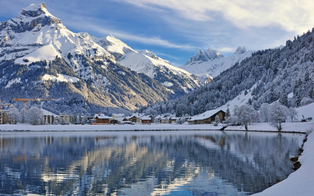 Mountain lake cityscape snowy sky free wallpaper - medium preview image
