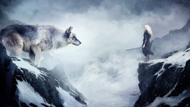 Woman mountain wolf cliff sword free wallpaper - medium preview image