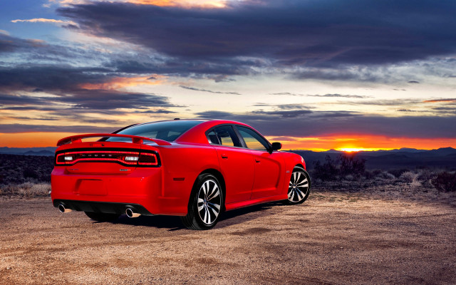 Red car desert sunset cloudy free wallpaper - medium preview image