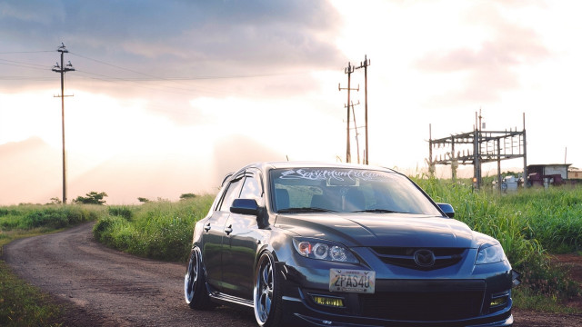 Car field powerlines sunset clouds free wallpaper - medium preview image