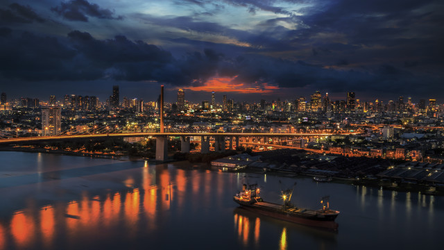 Docked boat bridge city night free wallpaper - medium preview image