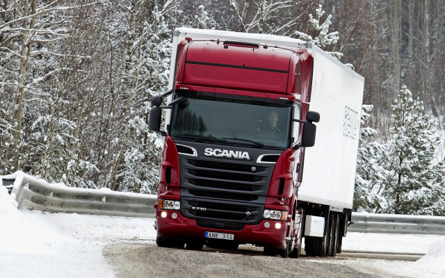 Red truck snowy road forest free wallpaper - medium preview image