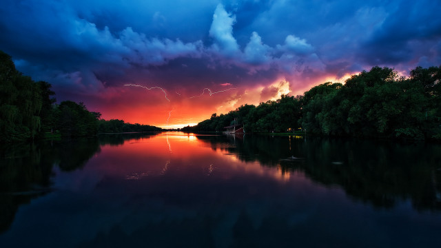 Sunset lake lightning trees sky free wallpaper - medium preview image