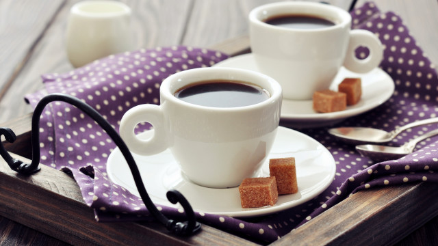 Two coffee cups tray spoons free wallpaper - medium preview image