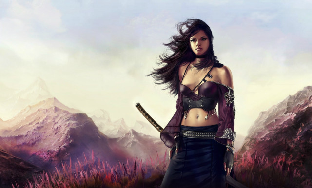 Woman sword field grass mountains free wallpaper - medium preview image