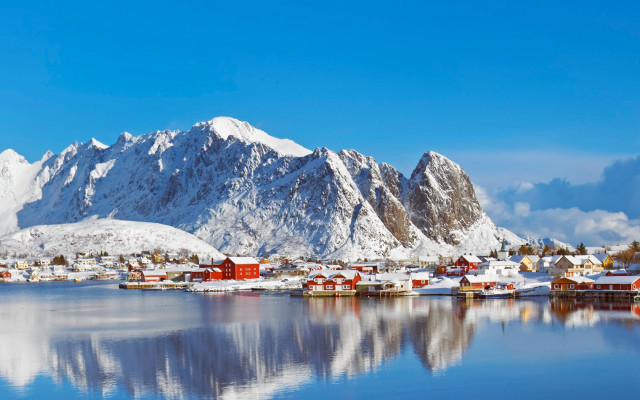 Mountain lake reflection houses snow free wallpaper - medium preview image