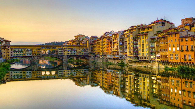 River bridge buildings sunset reflection free wallpaper - medium preview image