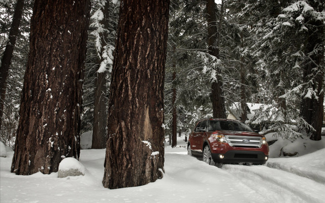Red truck snowy forest tilt free wallpaper - medium preview image