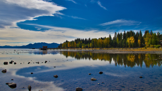 Lake rocks clouds trees sky free wallpaper - medium preview image