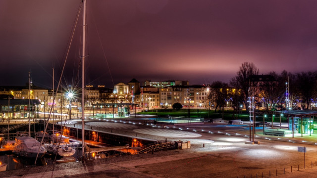 Cityscape night boat dock sailboat free wallpaper - medium preview image