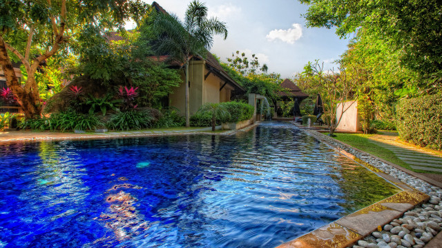 Pool house trees bushes bridge free wallpaper - medium preview image