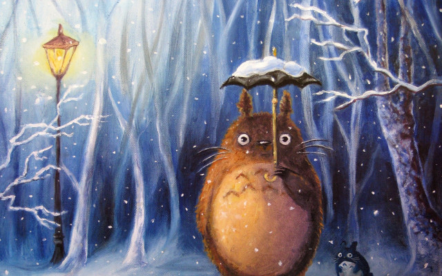 Cat umbrella snow aurora moon free wallpaper - medium preview image