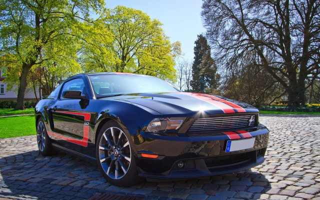 Black mustang cobblestone road trees free wallpaper - medium preview image
