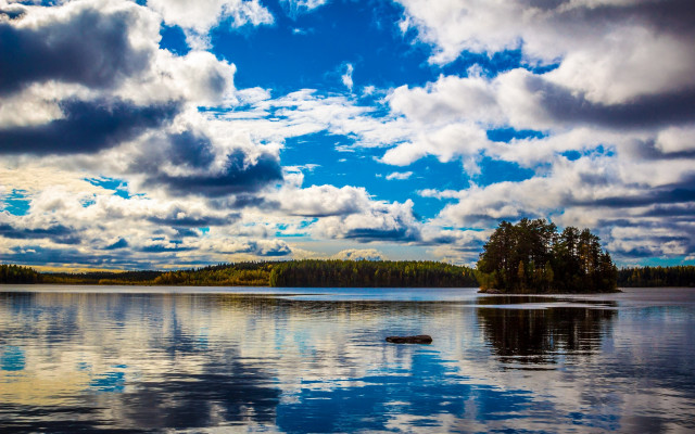 Lake trees clouds rocks matte free wallpaper - medium preview image