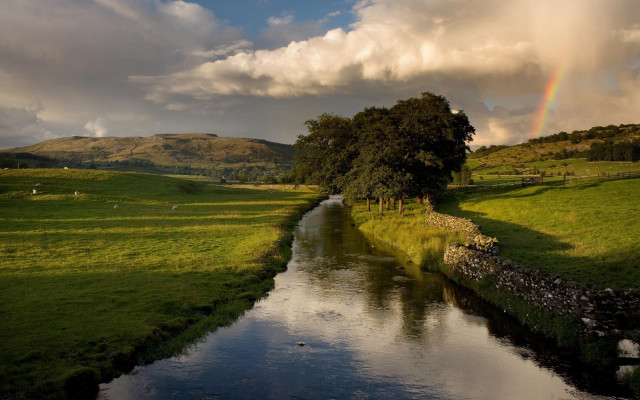River green field rainbow cloudy free wallpaper - medium preview image