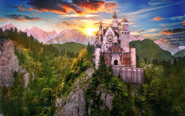 Castle mountain sunset forest river free wallpaper - medium preview image