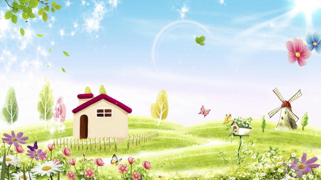 House field flowers butterflies windmill free wallpaper - medium preview image