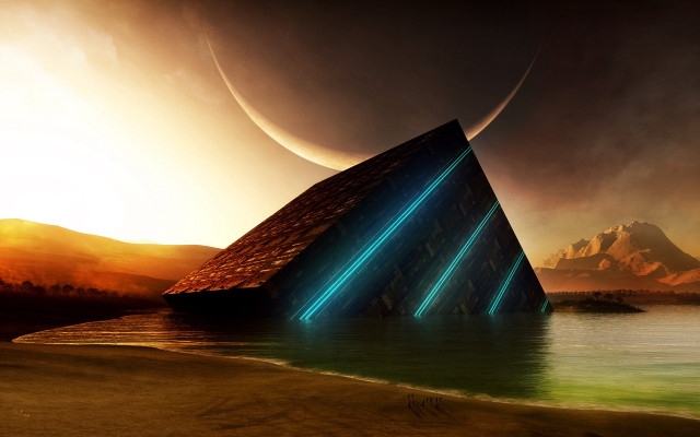 Futuristic beach mountain moon fantasy free wallpaper - medium preview image