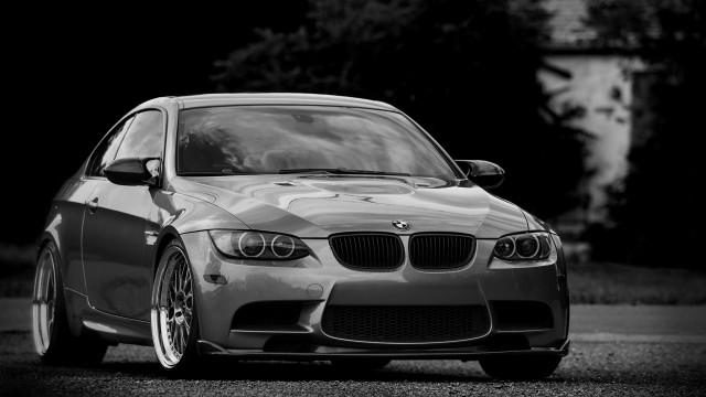 Car tree bushes blackandwhite photorealism free wallpaper - medium preview image