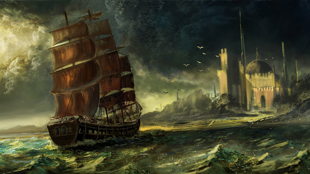 Ship castle ocean horizon fantasy free wallpaper - medium preview image