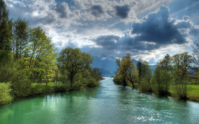 River forest mountains sunbeams cloudy free wallpaper - medium preview image