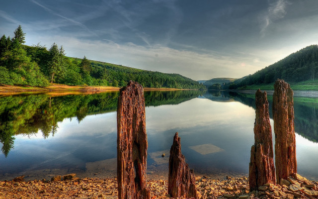 Lake trees rocks cloudy mountain free wallpaper for desktop - medium preview image