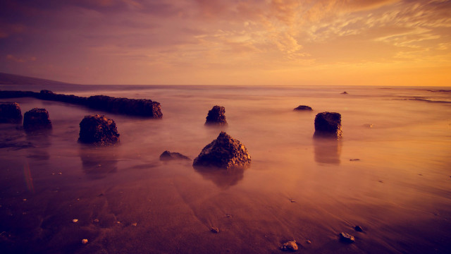 Beach rocks sunset clouds matte free wallpaper - medium preview image