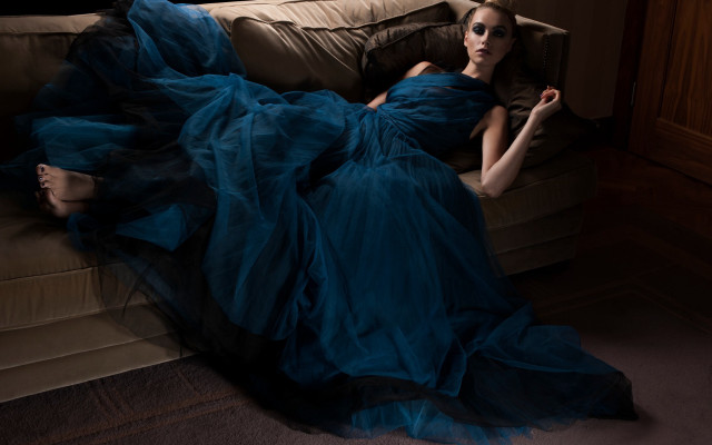 Woman blue dress couch crossed free wallpaper - medium preview image