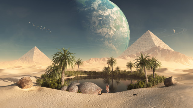 Desert planet palm trees people free wallpaper - medium preview image