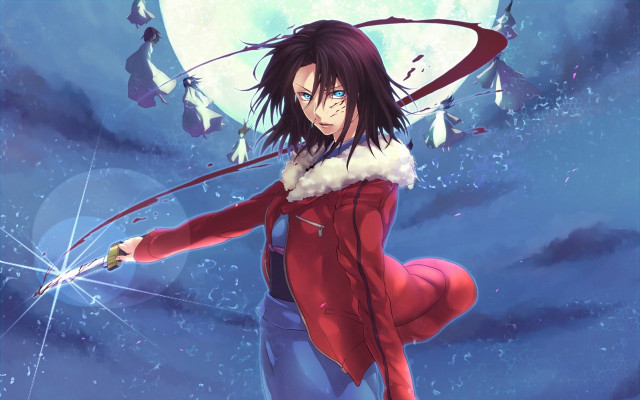 Red coat woman sword moon free wallpaper - medium preview image
