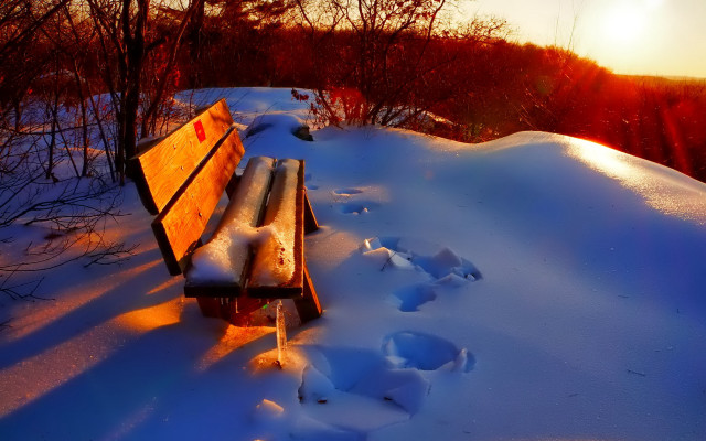 Snowy bench winter sunset trees free wallpaper - medium preview image