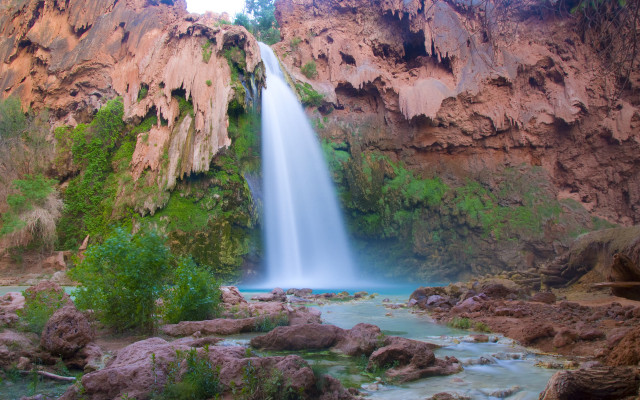 Waterfall canyon vegetation rocks nature free wallpaper - medium preview image