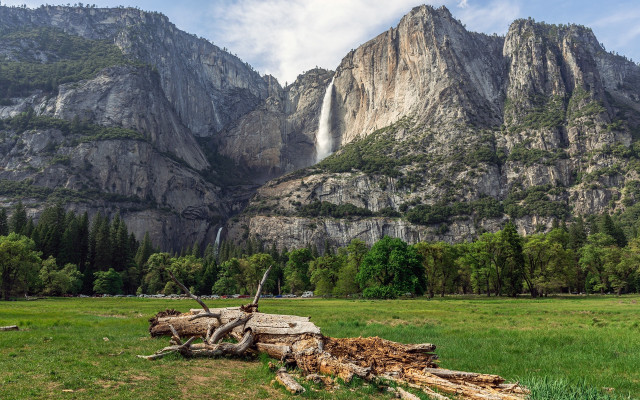 Mountain waterfall field trees grass free wallpaper - medium preview image