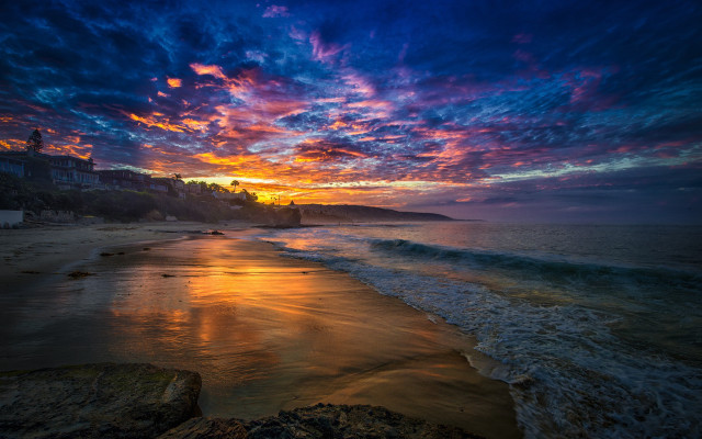 Sunset beach waves building tower free wallpaper - medium preview image