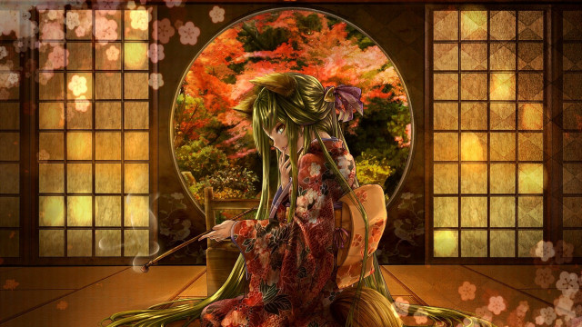 Kimono woman flower background anime free wallpaper - medium preview image