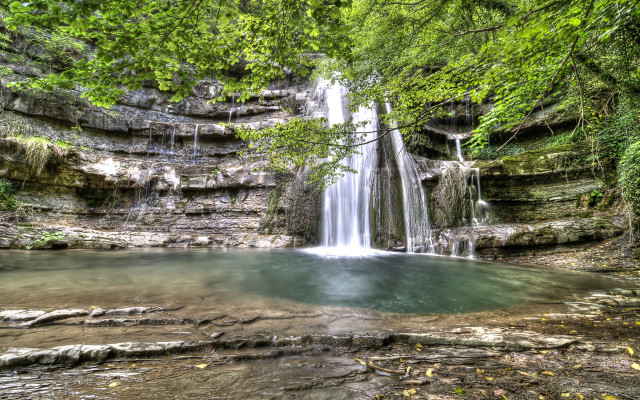 Waterfall forest pool tiltshift city free wallpaper - medium preview image