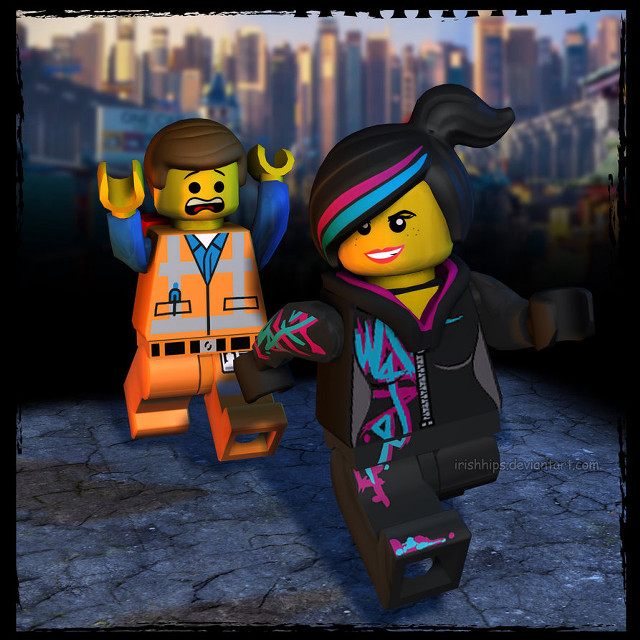 Lego character walking city skyscrapers free wallpaper - medium preview image