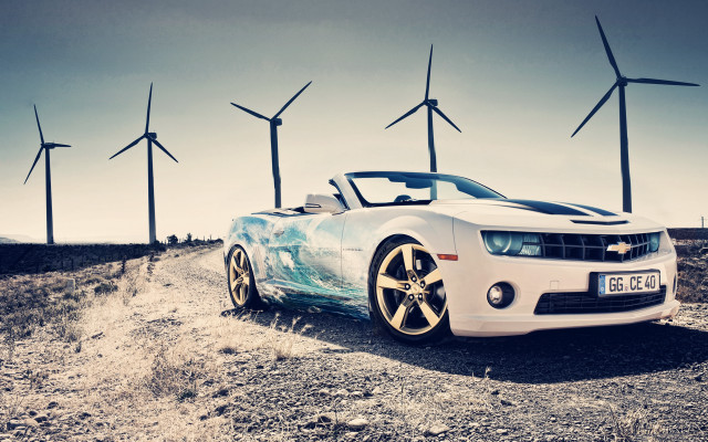White car windmills desert sunset #2 free wallpaper - medium preview image