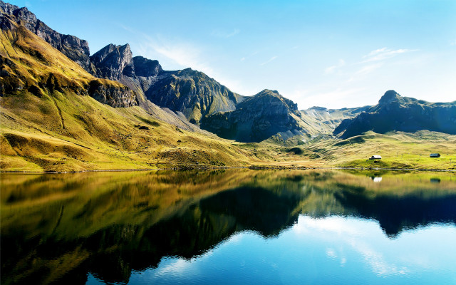Mountain lake forest house sky free wallpaper - medium preview image